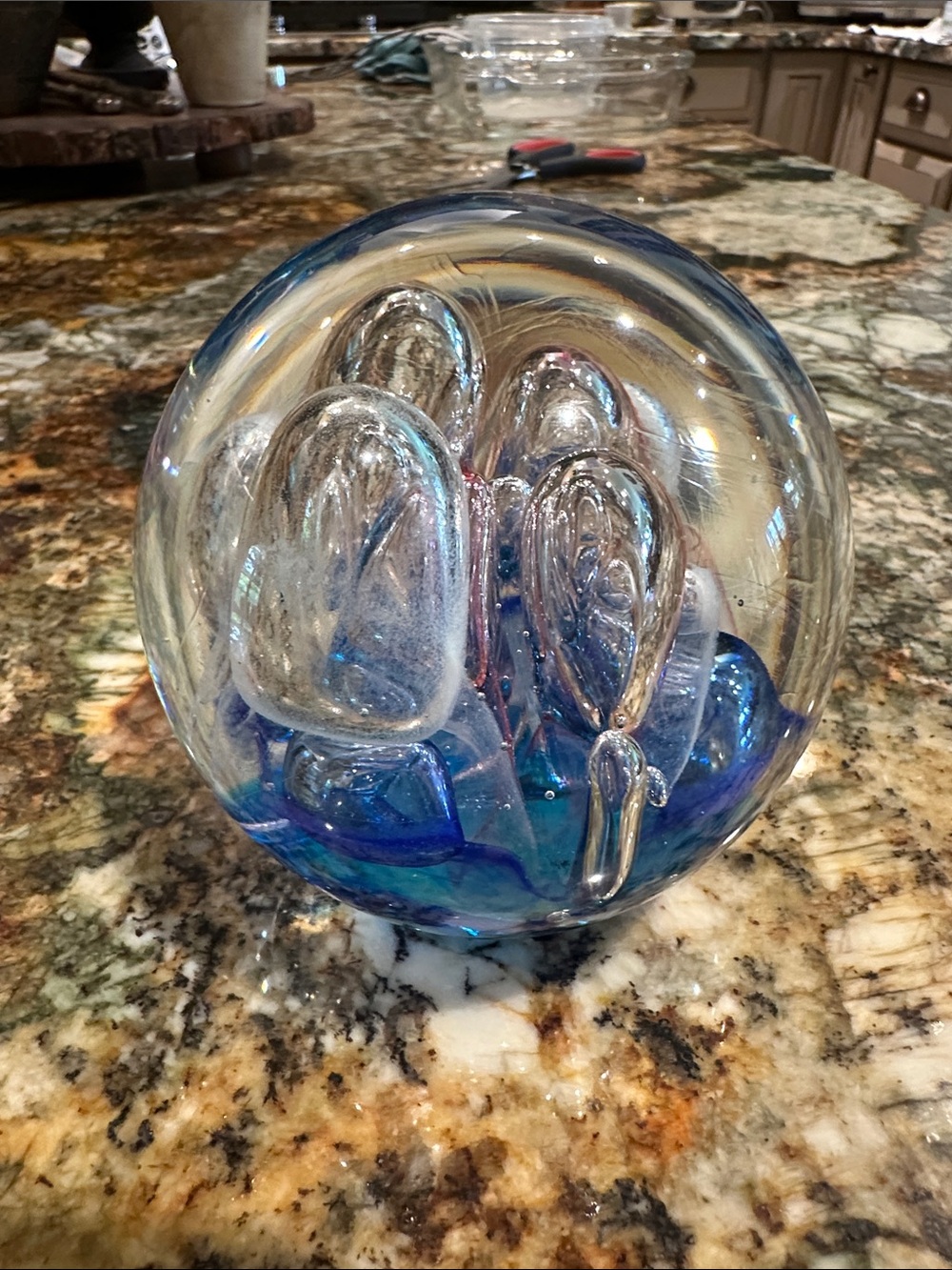 Dynasty Gallery Glow in the Dark Art Glass Paperweight Pink/Blue Bubble Swirl